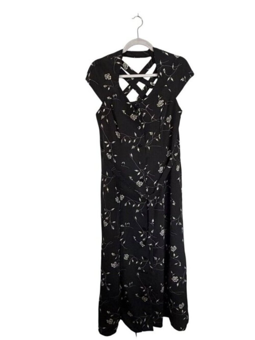 Spago Black Floral Print Maxi Dress With Crisscross Back Button-Front Womens Siz